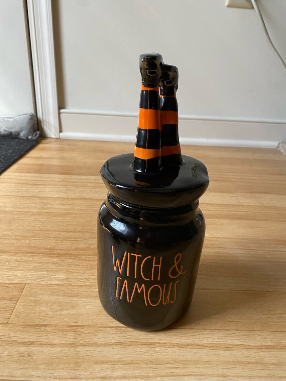 Rae Dunn "Witch & Famous" black ceramic Halloween canister